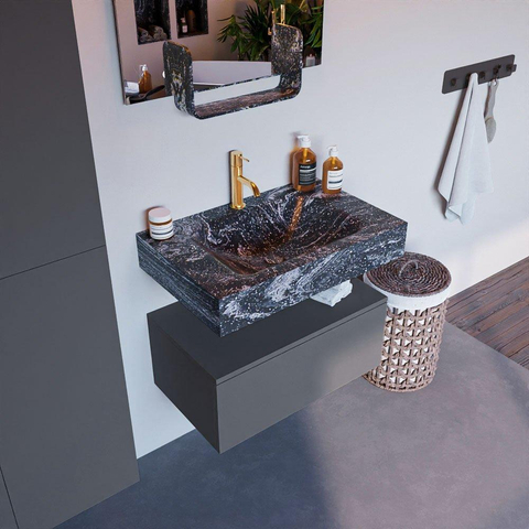 Mondiaz ALAN-DLUX Ensemble de meuble - 70cm - meuble Plata mat - 1 tiroir - Lavabo Cloud Lava suspendu - vasque Centre - 1 trou de robinet SW808503