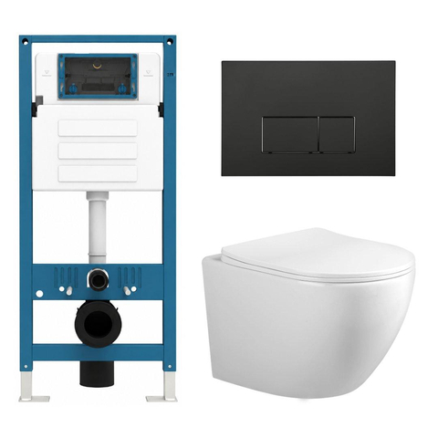 Adema Salina 2.0 Toiletset - 48.5x36x32cm - diepspoel - spoelrandloos - QeramiQ inbouwreservoir - softclose - quickrelease - toiletzitting - mat zwarte kunststof bedieningsplaat - rechthoekige knoppen - wit SW1474596