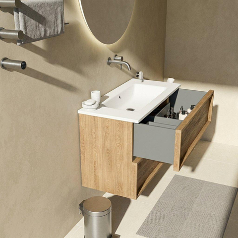 Saniclass Holz Frame Badkamermeubelset - 100x45x77.5cm - Torino solid surface wastafel wit - zonder kraangat - 2 lades - mat eiken natural (hout) SW1579918