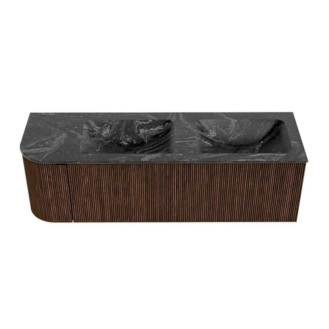 MONDIAZ KURVE-DLUX 145cm meuble de salle de bains avec module 25 L couleur Walnut avec 1 tiroir et 1 porte. Lavabo LEAF double / à droite 2 trous de robinet couleur Lava. SW1137279