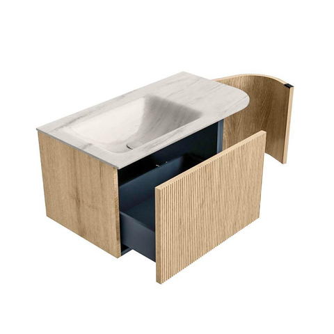 MONDIAZ KURVE-DLUX 85cm badmeubel ronding Rechts kleur Oak met 1 lade en 1 deur. Wastafel CLOUD Links zonder kraangat Meli. SW1431560