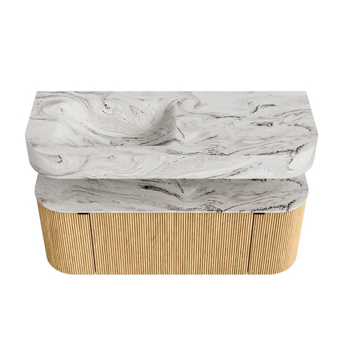 MONDIAZ THOR-DLUX 120cm meuble de salle de bains arrondi gauche + droite couleur Chêne avec 1 tiroir et 2 portes. Vasque suspendue CLOUD Gauche 1 trou de robinet couleur Glace. SW1463070