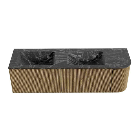 Mondiaz KURVE-DLUX Ensemble de meuble de salle de bains - 155x46x40cm - 2 tiroir - 1 porte - lavabo solid surface - double / gauche - sans trou de robinet - Dusk SW1415552