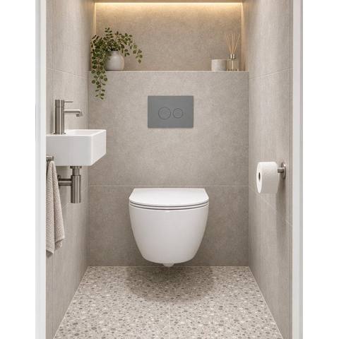 QeramiQ Dely Swirl Compact Toiletset - inbouwreservoir QeramiQ flush - slim zitting - kunststof bedieningsplaat licht grijs - rechthoekige knoppen - glans wit SW1590515