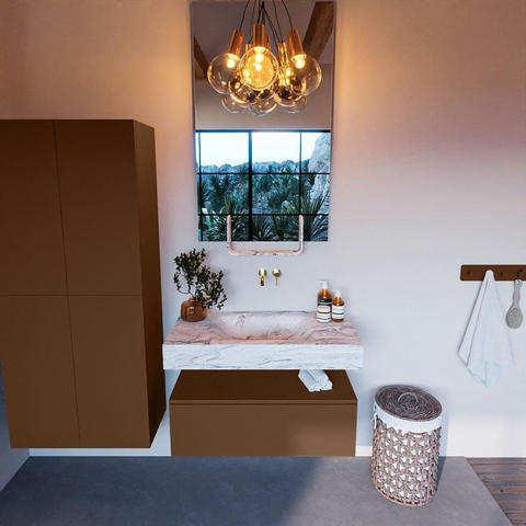 Mondiaz ALAN-DLUX Ensemble de meuble - 90cm - meuble Rust mat - 1 tiroir - Lavabo Cloud Glace suspendu - vasque Centre - 0 trous de robinet SW805595