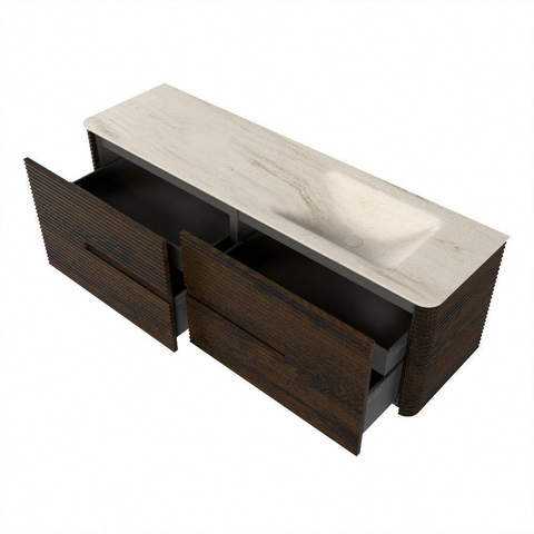 Mondiaz CIRO-DLUX Ensemble de meubles de salle de bains - 160x45x50cm - plan-vasque solid surface Meli - 1 lavabo à droite - sans trous de robinet - 4 tiroirs - Noyer SW1530533