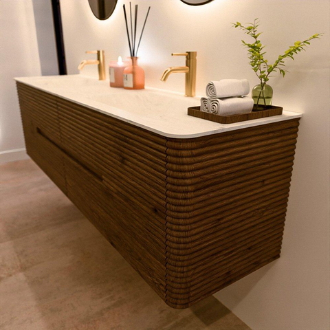 Mondiaz CIRO-DLUX Badkamermeubelset - 180x45x50cm - Solid surface wastafel Opalo - 2 wasbak Dubbel - 2 kraangaten - 4 lades - Dusk SW1532893