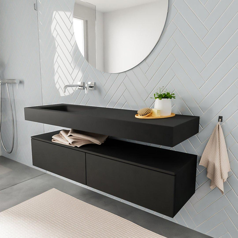 MONDIAZ ALAN 150cm - meuble bas - 2 tiroirs - lavabo suspendu - vasque à gauche - 0 trous de robinet - urban SW408679