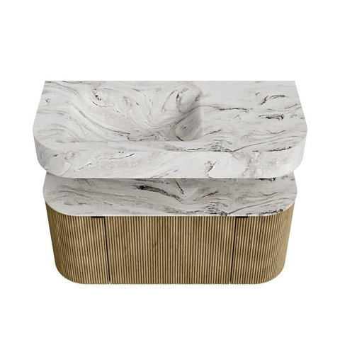 MONDIAZ THOR-DLUX 100cm meuble de salle de bains arrondi gauche + droite couleur Dusk avec 1 tiroir et 2 portes. Vasque suspendue CLOUD Gauche sans trou de robinet couleur Glace. SW1467399