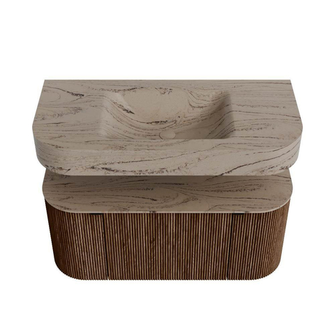 MONDIAZ THOR-DLUX 100cm meuble de salle de bains arrondi gauche + droite couleur Walnut avec 1 tiroir et 2 portes. Vasque suspendue CLOUD Centre sans trou de robinet couleur Arena. SW1467447