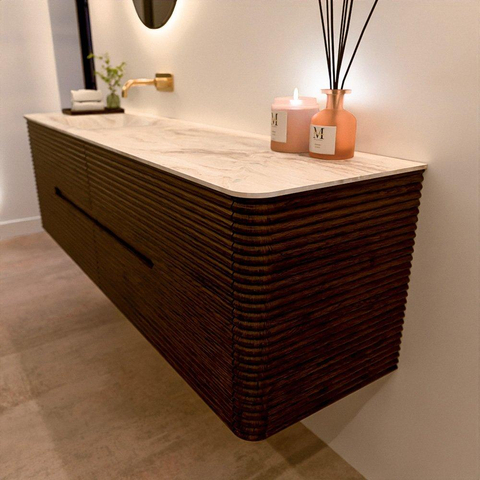 Mondiaz CIRO-DLUX Ensemble meuble de salle de bains - 170x45x50cm - lavabo solid surface Frappe - 1 bassin à gauche - sans trous de robinet - 4 tiroirs - Noyer SW1530255
