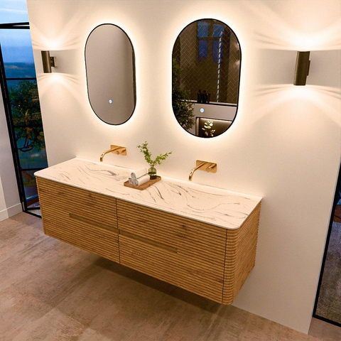 Mondiaz CIRO-DLUX Meuble de salle de bains - 160x45x50cm - Plan-vasque solid surface Nata - 2 lavabos Double - sans trous pour robinet - 4 tiroirs - Chêne SW1531481