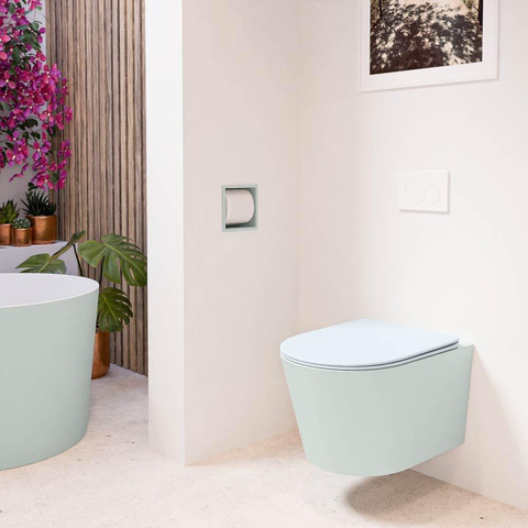 Mondiaz LAVIE hangtoilet – spoelrandloos – 36 x 53 cm – met softclose zitting – Greey (lichtgroen/grijs), zitting Clay (lichtblauw/grijs) SW1208587