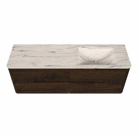 Mondiaz CIRO-DLUX Badkamermeubelset - 150x45x50cm - Solid surface wastafel Nata - 1 wasbak Rechts - zonder kraangaten - 4 lades - Walnut SW1530598