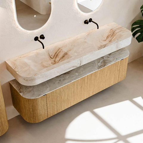 MONDIAZ THOR-DLUX 170cm meuble de salle de bains arrondi gauche + droite couleur Oak avec 1 tiroir et 2 portes. Vasque suspendue CLOUD Double sans trou de robinet couleur Frappe. SW1465435