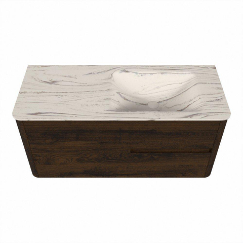 Mondiaz CIRO-DLUX Badkamermeubelset - 110x45x50cm - Solid surface wastafel Nata - 1 wasbak Rechts - zonder kraangaten - 2 lades - Walnut SW1530561