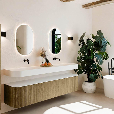 MONDIAZ THOR 200cm meuble de salle de bains arrondi gauche + droite couleur Dusk avec 2 tiroirs et 2 portes. Vasque suspendue CLOUD Double sans trou de robinet couleur Talc. SW1466843