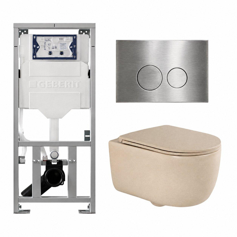 QeramiQ Dely Swirl Toiletset - 36.3x51.7cm - Geberit UP320 inbouwreservoir - met Burda frame - slim zitting - steel bedieningsplaat - ronde knoppen - mat beige SW1130214