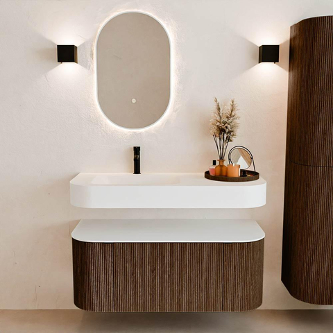 MONDIAZ THOR 110cm meuble de salle de bains arrondi gauche + droite couleur Walnut avec 1 tiroir et 2 portes. Vasque suspendue CLOUD gauche 1 trou de robinet couleur Talc. SW1462759
