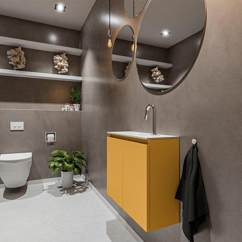 MONDIAZ TURE Toiletmeubel 60x23x50cm met 1 kraangaten 2 deuren ocher mat Wastafel Eden midden Solid Surface Wit SW475038