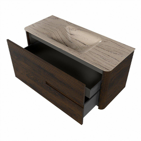 Mondiaz CIRO-DLUX Meuble de salle de bains - 110x45x50cm - Plan-vasque Solid surface Arena - 1 bassin Central - sans trous de robinet - 2 tiroirs - Noyer SW1530447