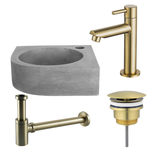 Fortifura Fuente Fonteinset - 31.5x31.5x10cm - 1 kraangat - hoek - fonteinkraan - messing geborsteld - beton - beton (grijs) SW1111544