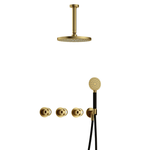 Hotbath Cobber @Work Regendoucheset - inbouw - 15cm plafondarm - 20cm ronde hoofddouche - 3 standen handdouche - Geborsteld messing PVD SW677749