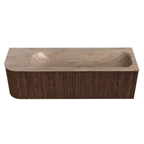 MONDIAZ KURVE-DLUX Meuble de salle de bains 145cm arrondi à gauche couleur Walnut avec 1 tiroir et 1 porte. Lavabo BIG LARGE à droite sans trou de robinet Saba. SW1433200