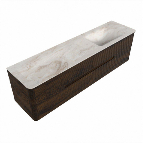 Mondiaz CIRO-DLUX Badkamermeubelset - 180x45x50cm - Solid surface wastafel Frappe - 1 wasbak Rechts - 1 kraangat - 4 lades - Walnut SW1530223