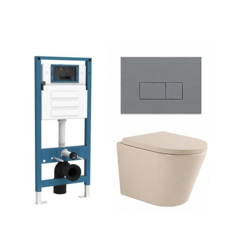 QeramiQ Dely Toiletset - inbouwreservoir Qeramiq Flush - 35mm zitting - kunststof licht grijze bedieningsplaat - rechthoekige knoppen - beige SW1578612