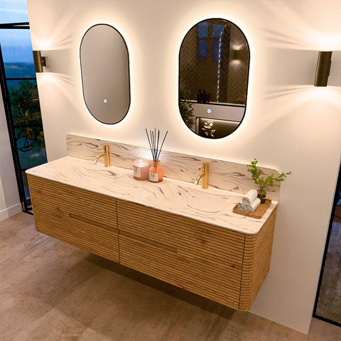 Mondiaz CIRO-DLUX Badkamermeubelset - 180x45x50cm - Solid surface wastafel Nata - 2 wasbak Dubbel - 2 kraangaten - 4 lades - Oak SW1531138