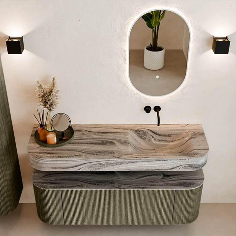 MONDIAZ THOR-DLUX 140cm meuble de salle de bains arrondi gauche + droite couleur Shadow avec 1 tiroir et 2 portes. Vasque suspendue CLOUD droite sans trou de robinet couleur Sombra. SW1464266