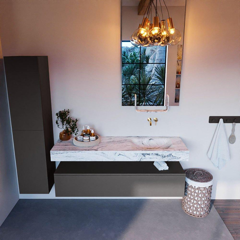 Mondiaz ALAN-DLUX Ensemble de meuble - 150cm - meuble Dark grey mat - 1 tiroir - Lavabo Cloud Glace suspendu - vasque Droite - 0 trous de robinet SW805521