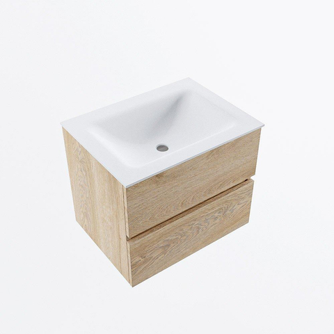 MONDIAZ VICA 60cm meuble sous lavabo Chêne blanchi 2 tiroirs. Lavabo CLOUD centre 1 trou de robinet, couleur Talc. SW1381808