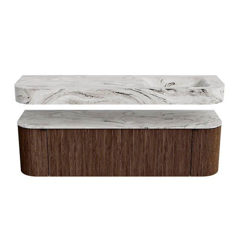 MONDIAZ THOR-DLUX 160cm meuble de salle de bains arrondi gauche + droite couleur Walnut avec 1 tiroir et 2 portes. Vasque suspendue CLOUD Droite 1 trou de robinet couleur Glace. SW1465010