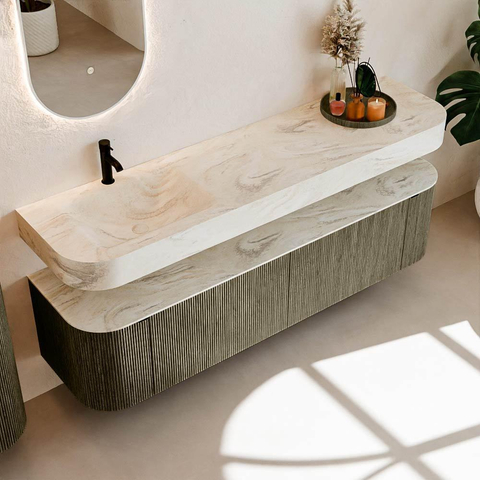 MONDIAZ THOR-DLUX 180cm meuble de salle de bains arrondi gauche + droite couleur Shadow avec 2 tiroirs et 2 portes. Vasque suspendue CLOUD Gauche 1 trou de robinet couleur Ostra. SW1466108
