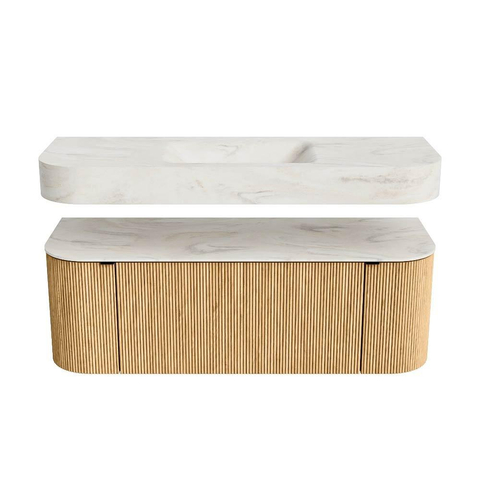 MONDIAZ THOR-DLUX 130cm badmeubel ronding links + rechts kleur Oak met 1 lade en 2 deuren. Vrijhangende wastafel CLOUD Midden 1 kraangat kleur Ostra. SW1463541