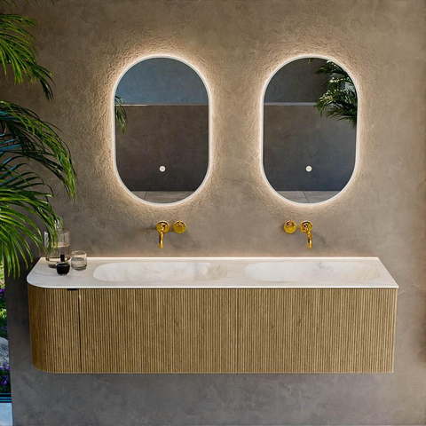 Mondiaz KURVE-DLUX Ensemble de meuble de salle de bains - 165x46x40cm - 2 tiroirs - 1 porte - lavabo solid surface - double / droite - sans trou de robinet - Dusk SW1415185
