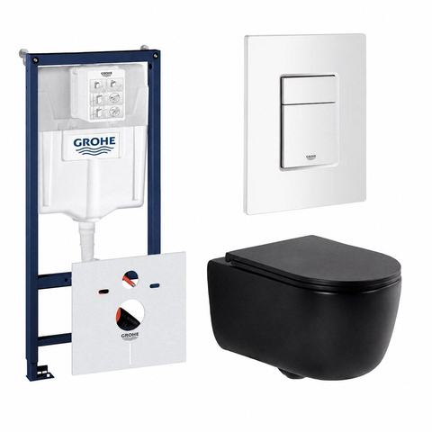 QeramiQ Dely Swirl Toiletset - 36.5x 53cm - Grohe Rapid inbouwreservoir - slim zitting - witte bedieningsplaat - rechthoekige knoppen - matte black (mat zwart) SW1130187