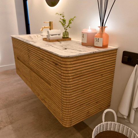 Mondiaz CIRO-DLUX Badkamermeubelset - 130x45x50cm - Solid surface wastafel Glace - 1 wasbak Links - 1 kraangat - 4 lades - Oak SW1530808