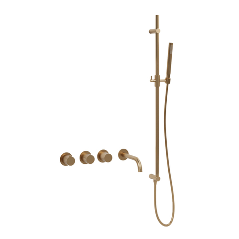 Fortifura Nebbio Badcombinatie-set - thermostaatkraan - glijstang met geïntegreerde wandaansluitbocht - metalen doucheslang - staaf handdouche - uitloop - geborsteld messing PVD (goud) SW1238088