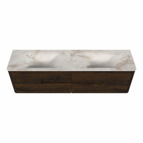 Mondiaz CIRO-DLUX Badkamermeubelset - 180x45x50cm - Solid surface wastafel Frappe - 2 wasbak Dubbel - 2 kraangaten - 4 lades - Walnut SW1530220