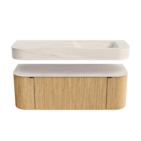 MONDIAZ THOR-DLUX 130cm meuble de salle de bains arrondi gauche + droite couleur Oak avec 1 tiroir et 2 portes. Vasque suspendue CLOUD droite sans trou de robinet couleur Meli. SW1463799
