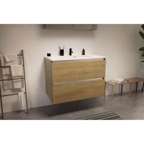 Nemo Go Ensemble de meuble - 60x65x45.5cm - 2 tiroirs - sans poignée - 1 vasque Blanc brillant - 1 trous de robinet - avec armoire toilette - MDF Riverside Oak SW911706