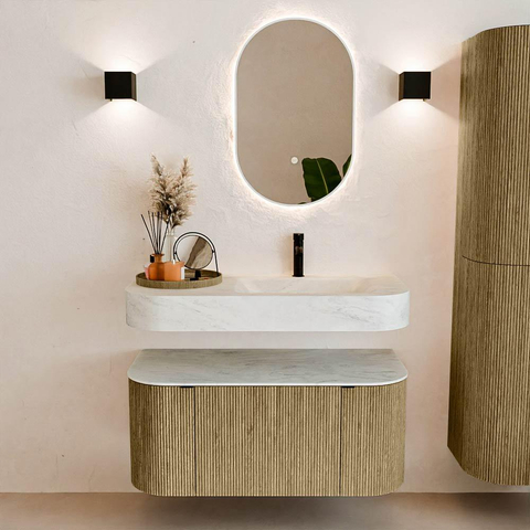MONDIAZ THOR-DLUX 100cm meuble de salle de bains arrondi gauche + droite couleur Dusk avec 1 tiroir et 2 portes. Vasque suspendue CLOUD Droite 1 trou de robinet couleur Opalo. SW1467342
