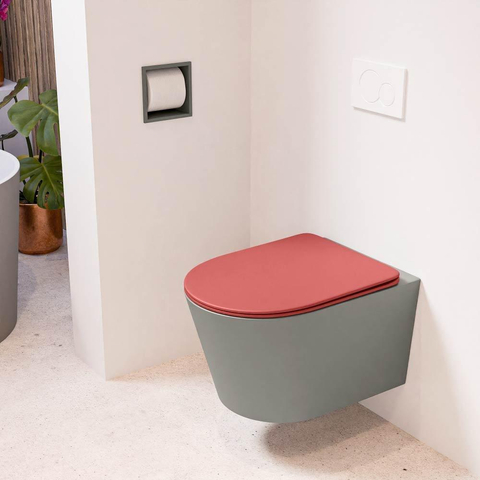 Mondiaz LAVIE hangtoilet – spoelrandloos – 36 x 53 cm – met softclose zitting – Smoke (lichtbruin), zitting Fire (rood) SW1208667