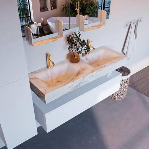Mondiaz ALAN-DLUX Ensemble de meuble - 130cm - meuble Talc mat - 1 tiroir - Lavabo Cloud Frappe suspendu - vasque Gauche et droite - 2 trous de robinet SW805252