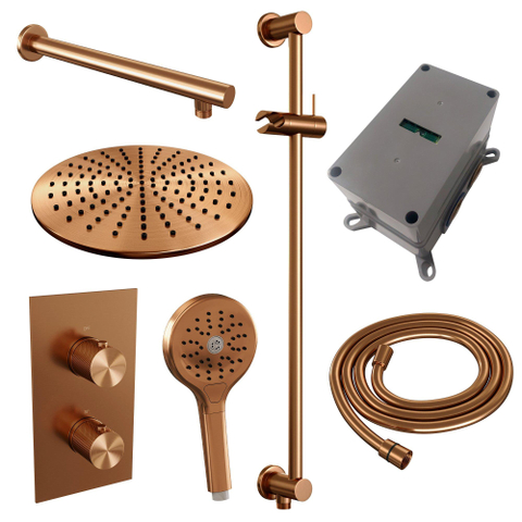 Ensemble de douche pluie encastré Brauer Copper Carving - douche principale 30 cm - bouton carving - douchette ronde 3 positions - glissière - PVD - cuivre brossé SW715806
