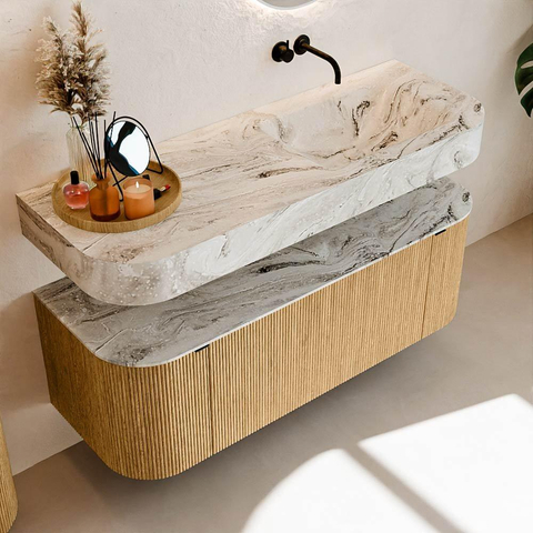 MONDIAZ THOR-DLUX 130cm meuble de salle de bains arrondi gauche + droite couleur Oak avec 1 tiroir et 2 portes. Vasque suspendue CLOUD droite sans trou de robinet couleur Glace. SW1463519