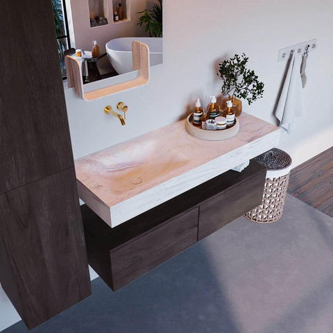 Mondiaz ALAN-DLUX Ensemble de meuble de salle de bains - 80x46cm - 2 tiroirs - lavabo suspendu - sans trous de robinet - 2 à gauche - brun foncé (chêne foncé) SW1428196